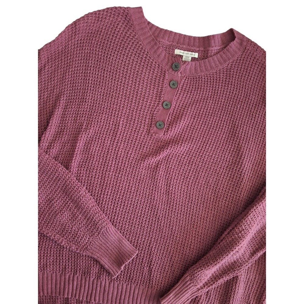 American Eagle M Henley Sweater Berry Open Knit Cotton Blend Oversized Beach